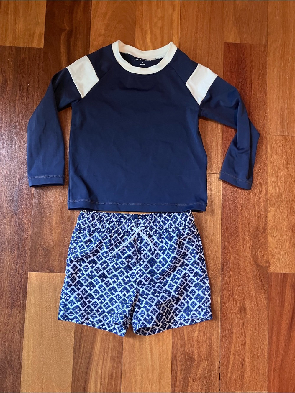 Janie and Jack Navy and White Long-Sleeve Swim Shirt with Blue Patterned Trunks